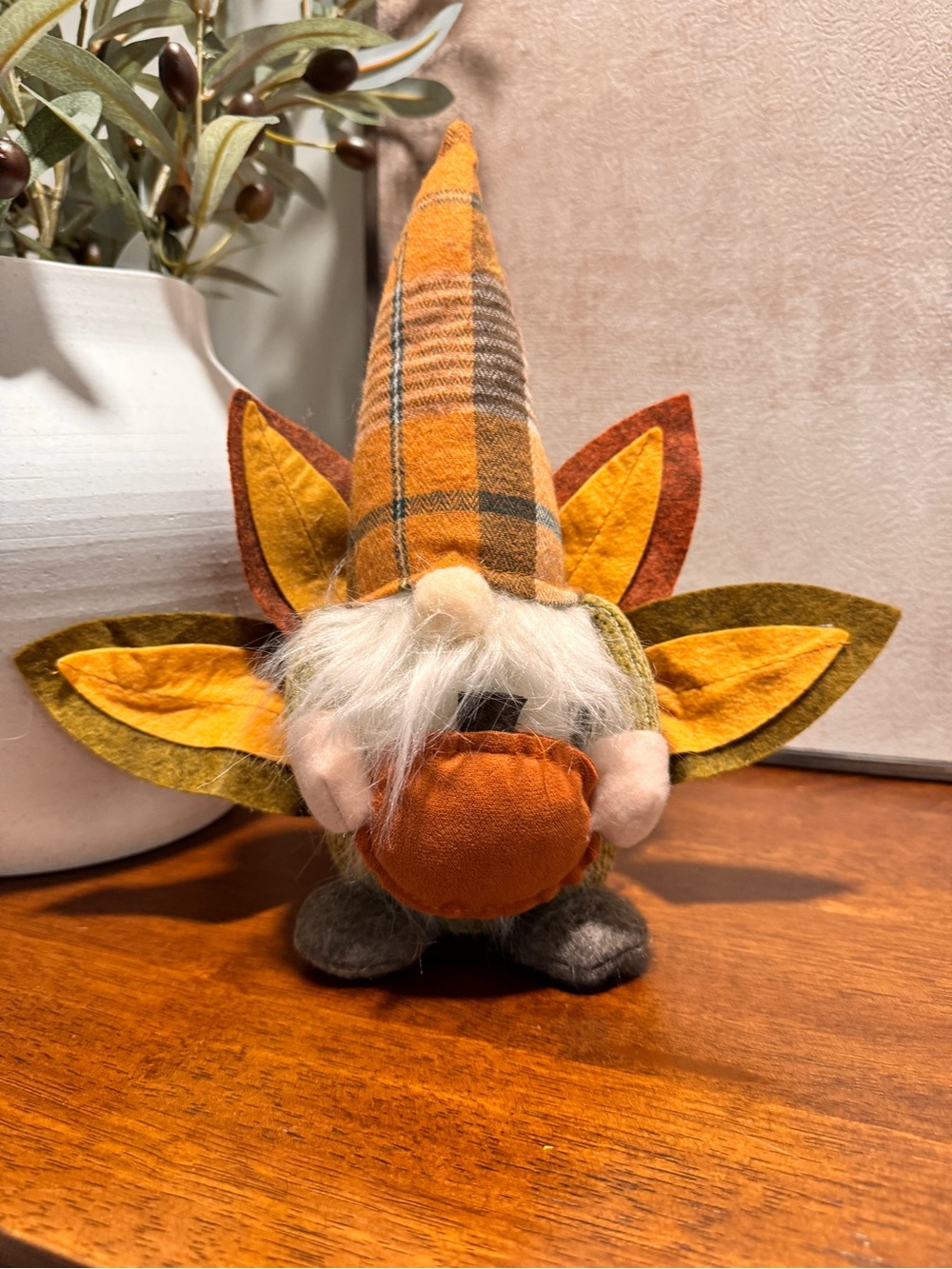 Thanksgiving Turkey Gnome Holding Pumpkin Plaid Hat Fall Harvest Decor